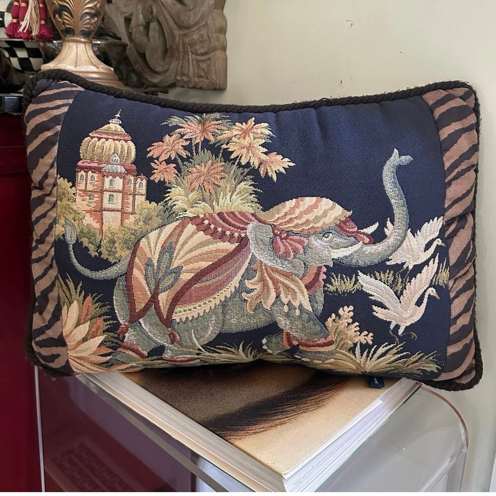 Ashford Court tapestry throw pillow Chinoiserie Hollywood Regency elephant zebra